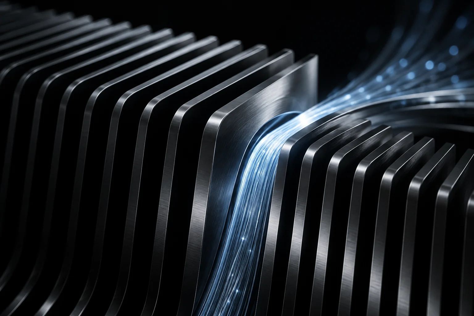 Fibras ópticas luminosas recorriendo una estructura de titanio